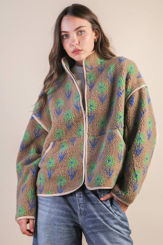 Danielle Floral Sherpa Brown & Green Jacket