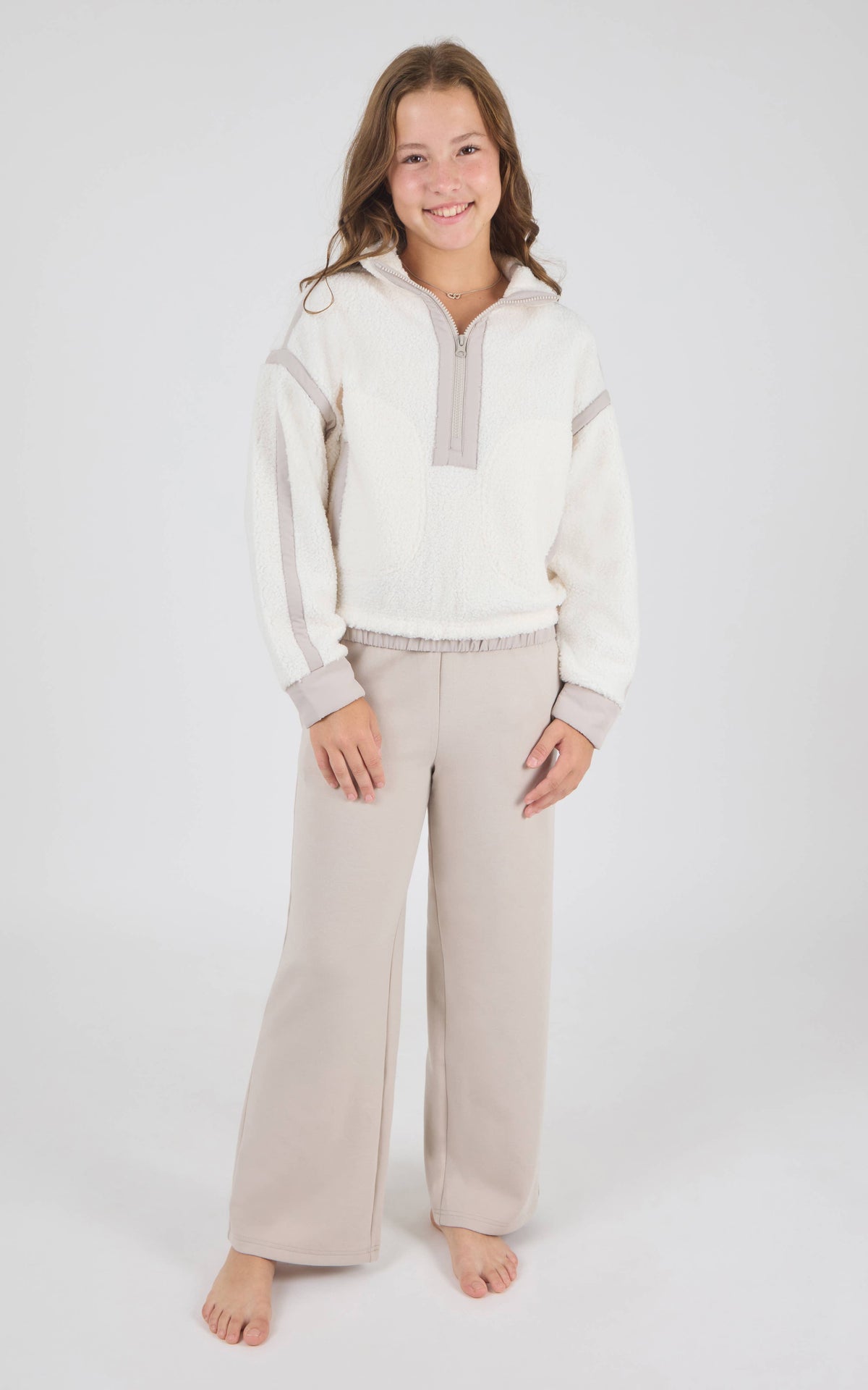 Girls Sherpa Pullover Ivory Pant Set