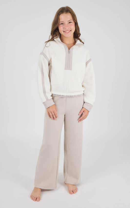 Girls Sherpa Pullover Ivory Pant Set