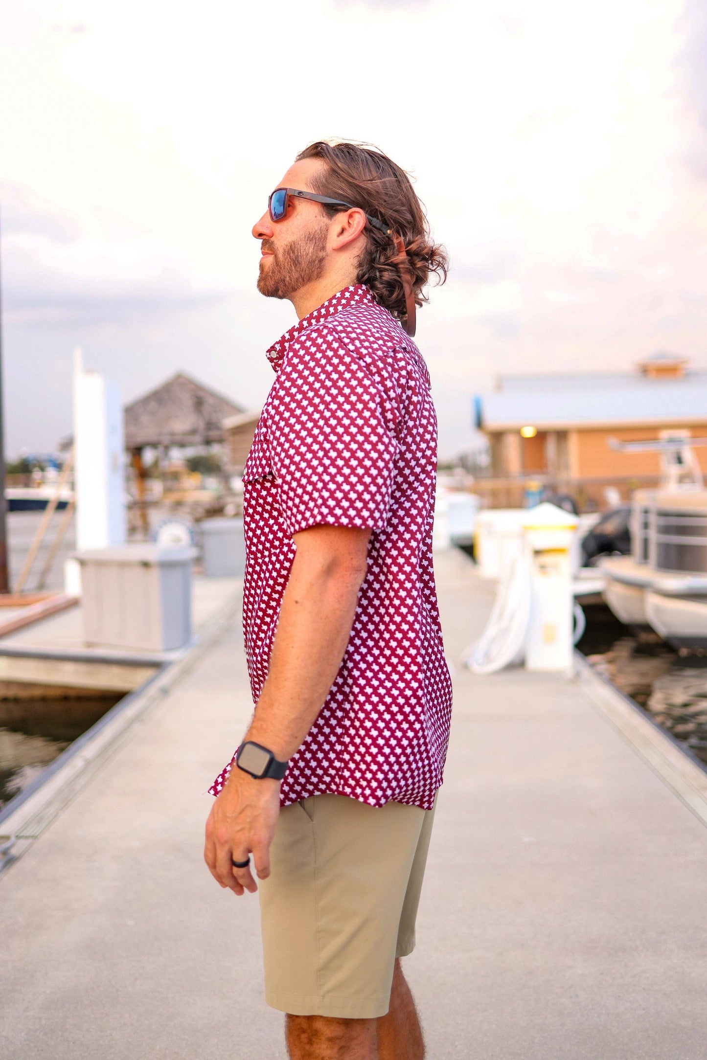 Mens Salt Water Soul TX Pearl Snap Maroon Fishing Shirt