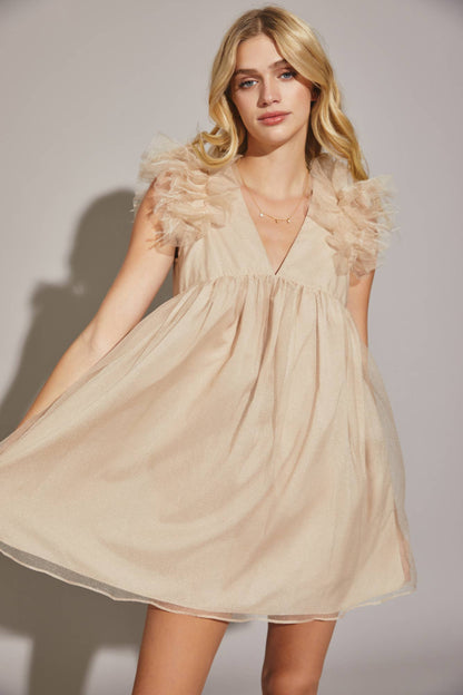 Dara Feather Babydoll Beige Romper Dress