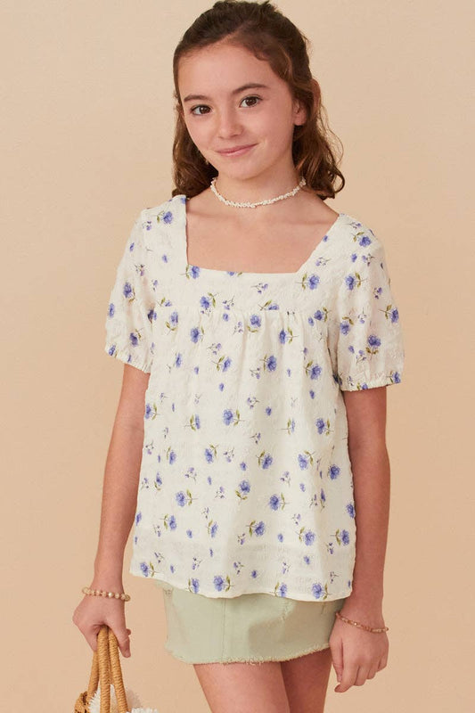 Girls Square Neck Periwinkle Floral Blouse