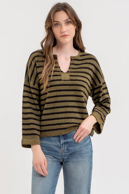 Versailles Striped Split Neckline Sweater