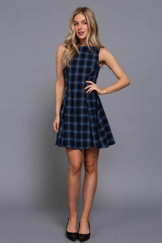 Brooklyn Plaid Mini Navy Dress