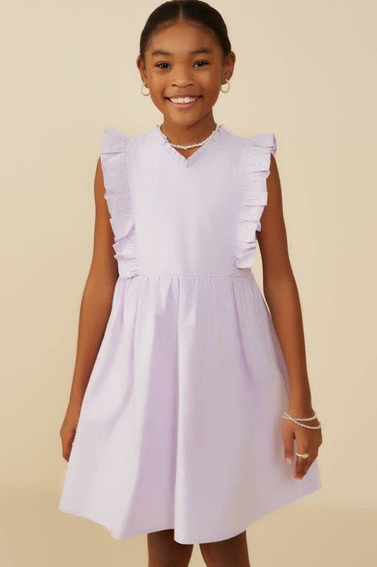 Girls Ruffle V-Neck Lavendar Dress
