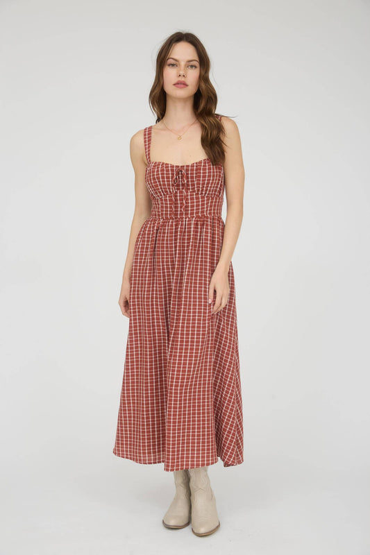 Arbor Plaid Corset Midi Red Dress