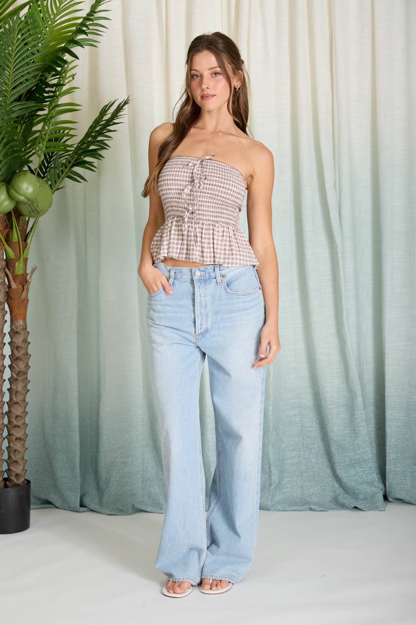 Valencia Plaid Smocked Peplum Strapless Top