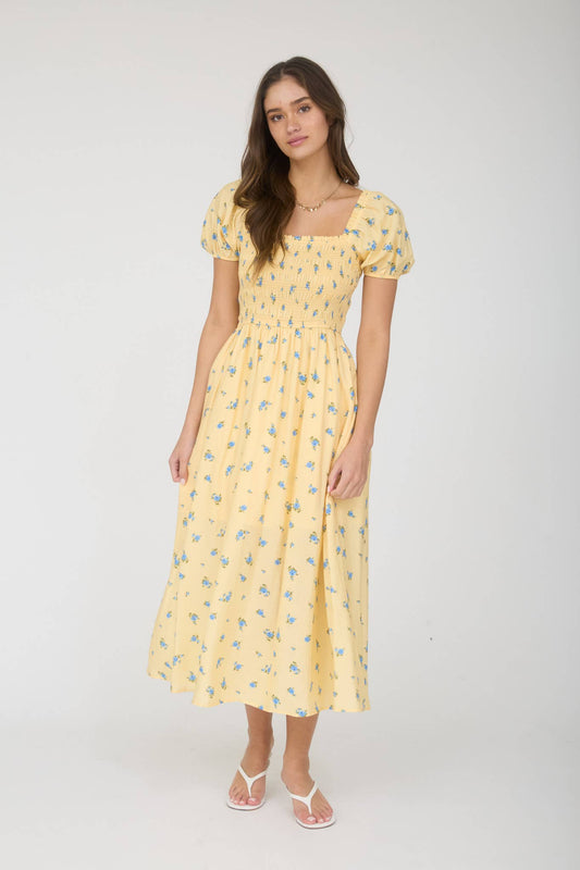 Tali Smocked Floral Yellow Midi Dress