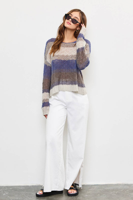 **SALE!** Kaden Blue & Grey Striped Loose Knit Top