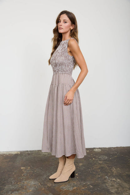 Amelia Gingham Smocked Brown Midi Dress