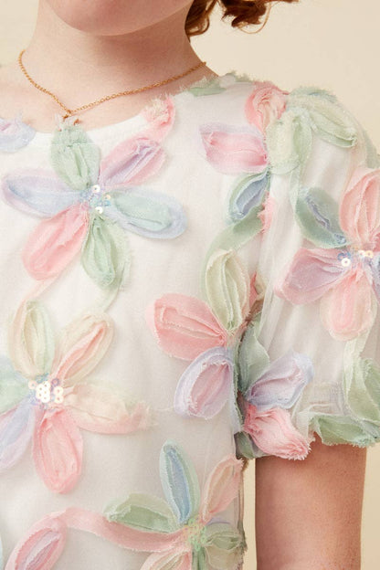Girls Sequined Floral Applique Blouse