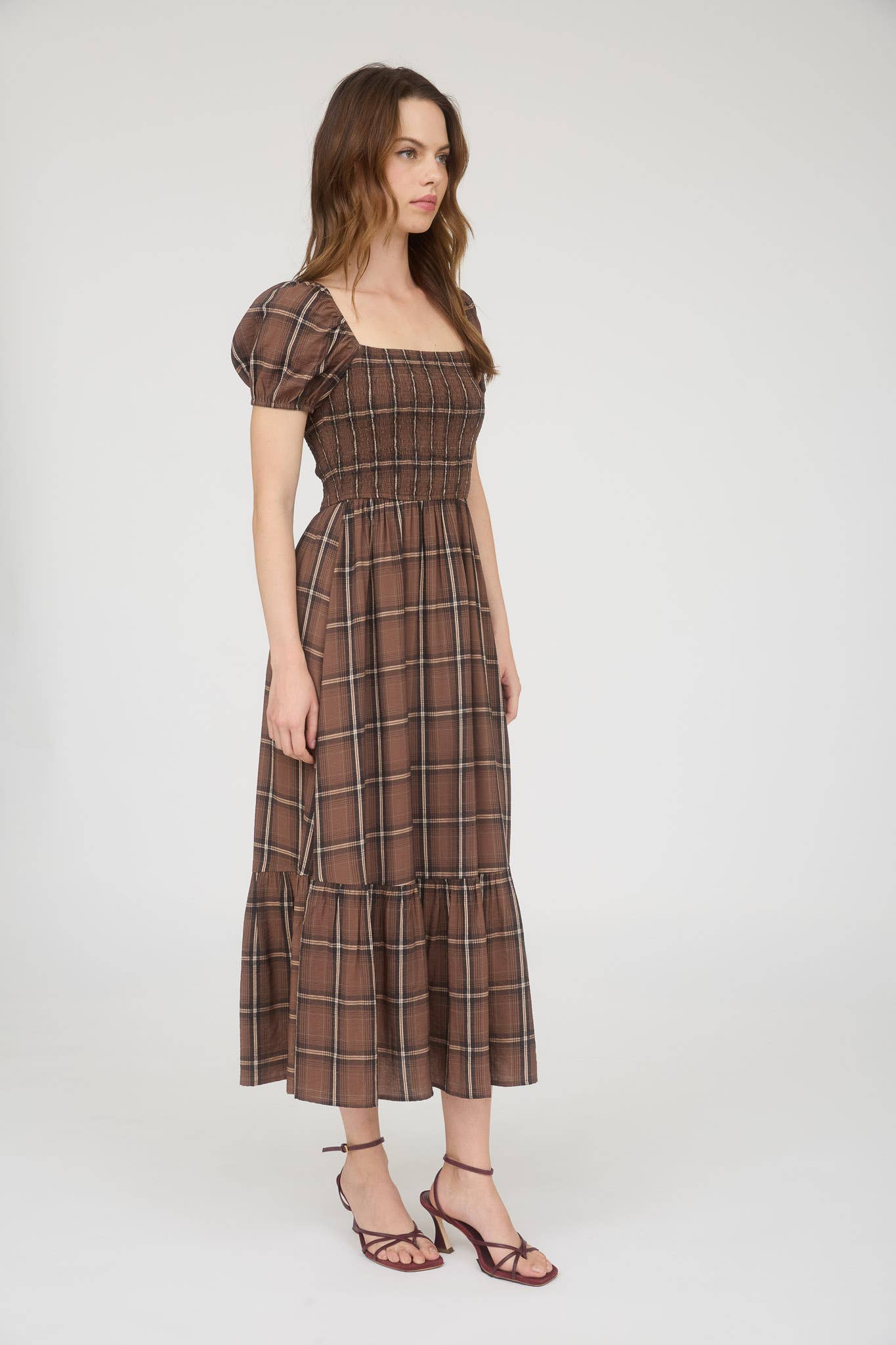 Amaya Plaid Smocked Brown Dress