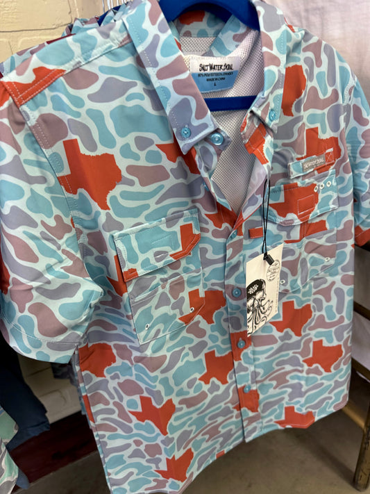 Youth Boys Salt Water Soul TX Camo Button Down Burnt Orange Fishing Shirt