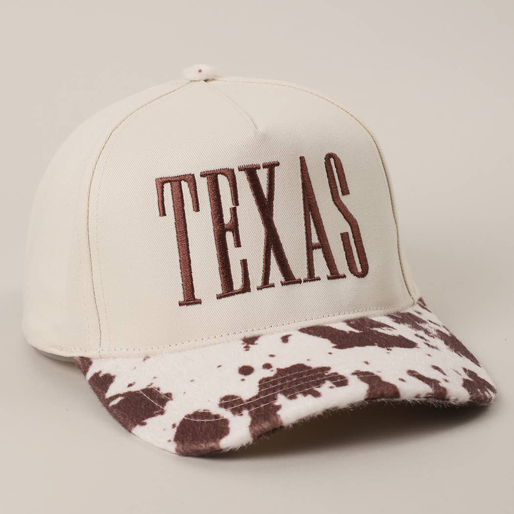 Cow Print Texas Embroidered Brown Stitch Hat