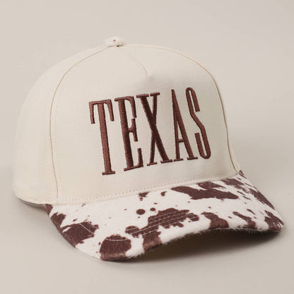 Cow Print Texas Embroidered Brown Stitch Hat