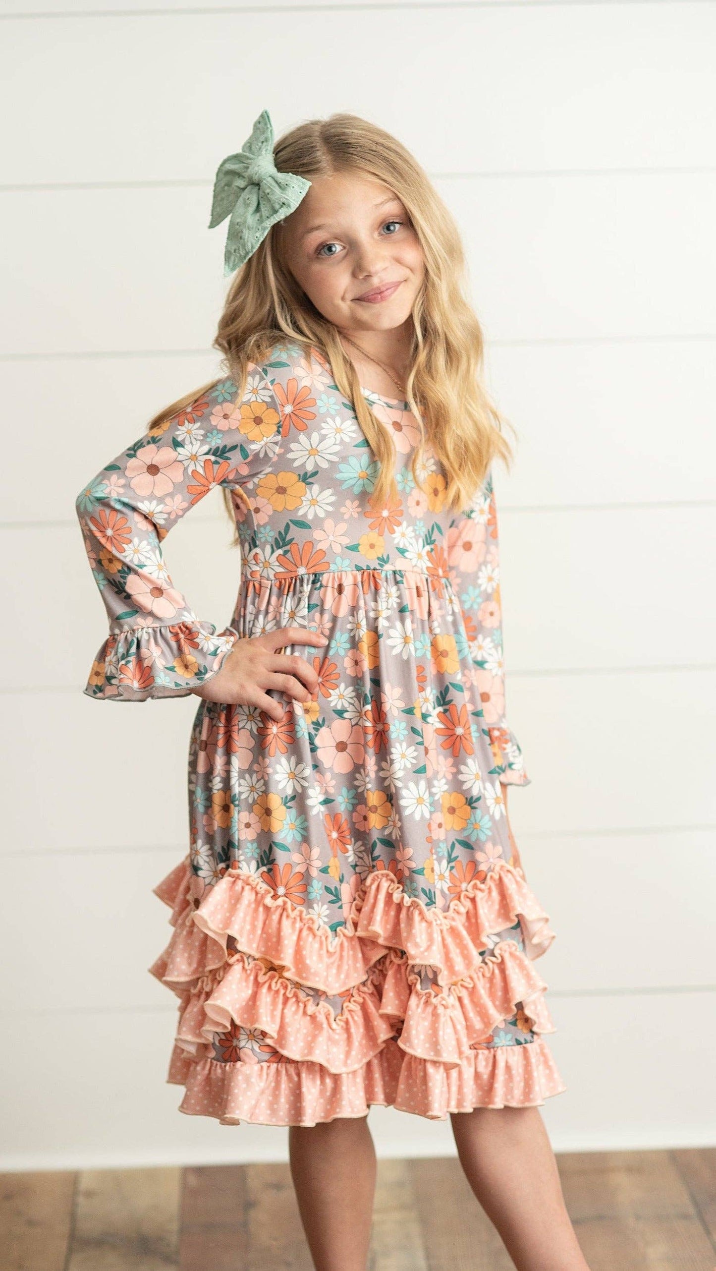 Girls Scallop Ruffle Peach Dress