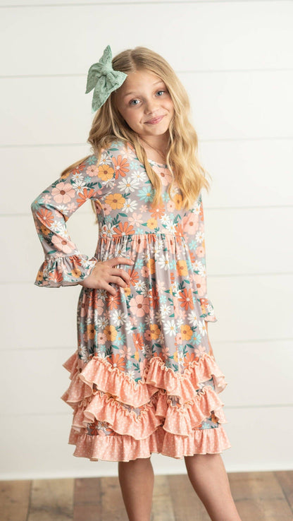 Girls Scallop Ruffle Peach Dress