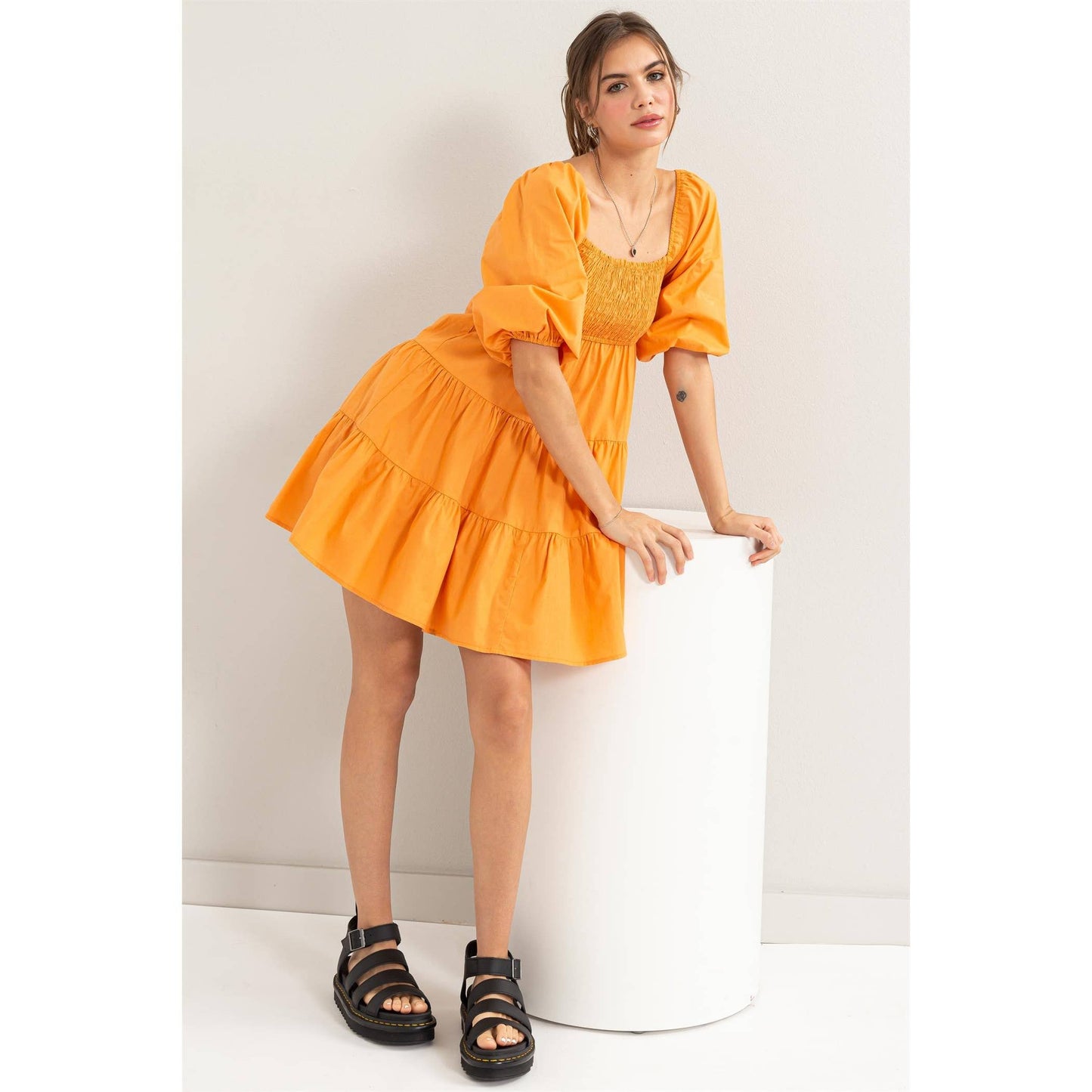 Aristella Smocked Bubble Sleeve Orange Dress