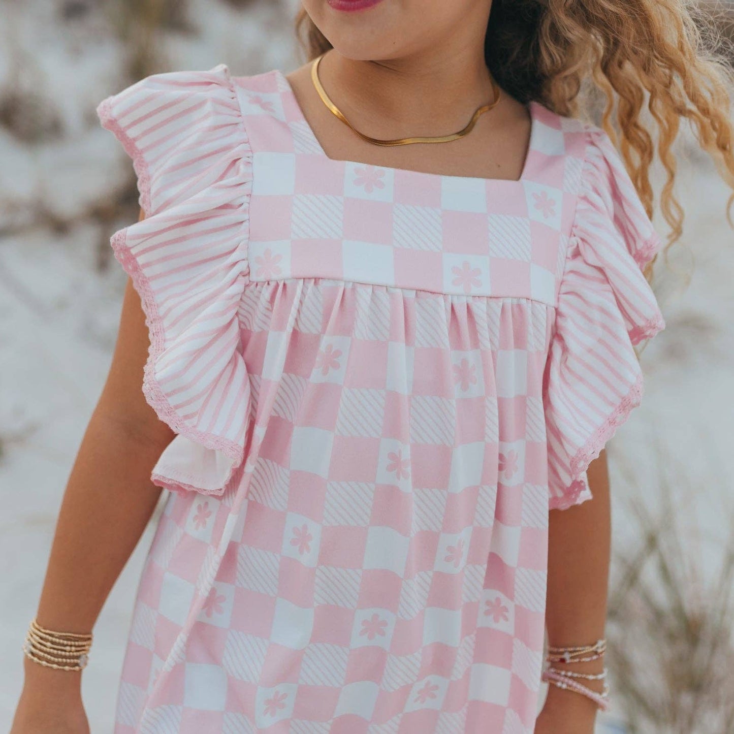 Girls Harlow Pink Checkered Ruffle Dress