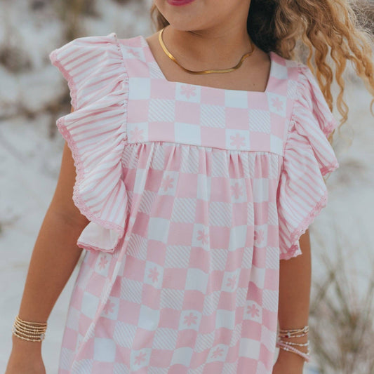 Girls Harlow Pink Checkered Ruffle Dress