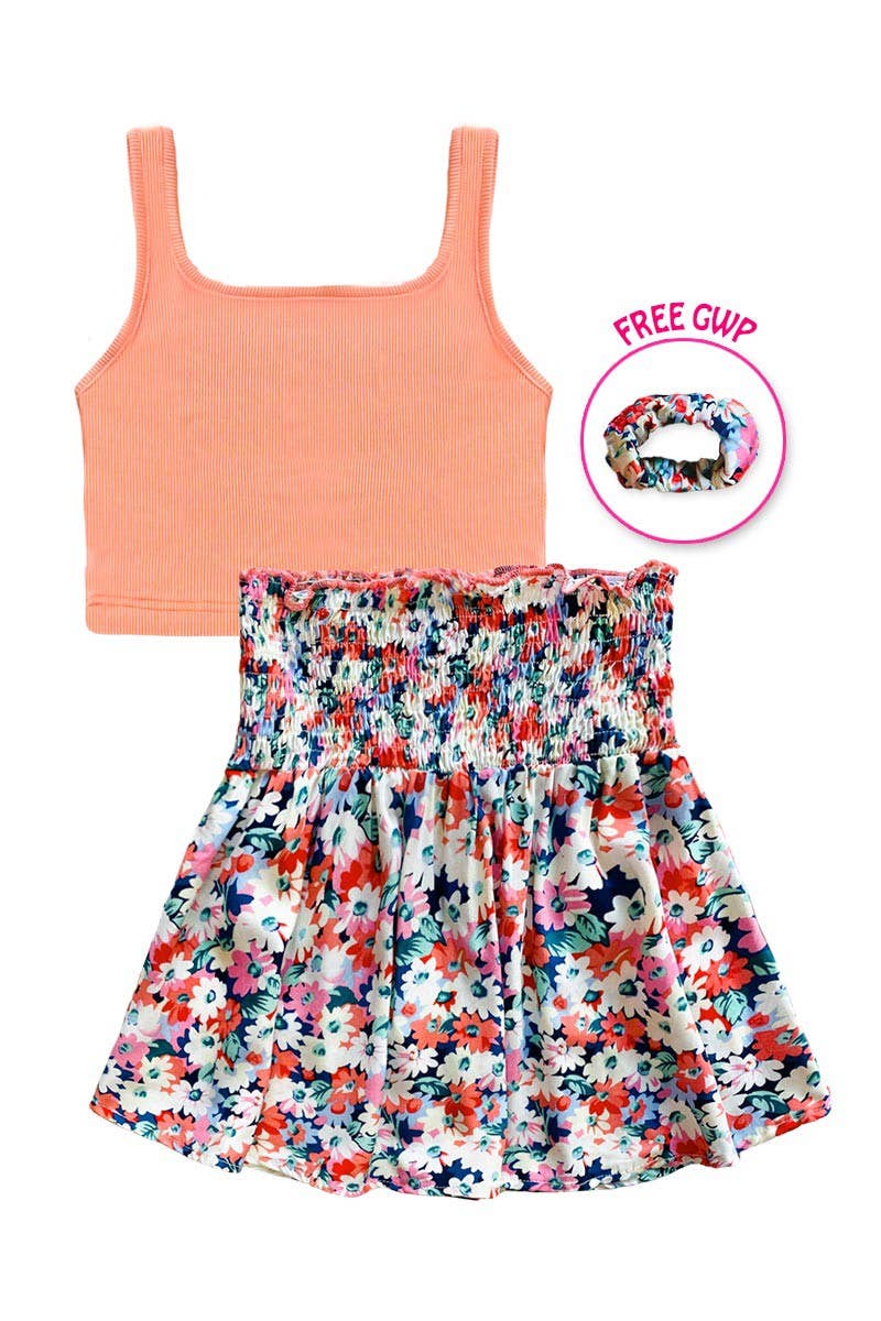 Girls Coral Floral Skirt Set