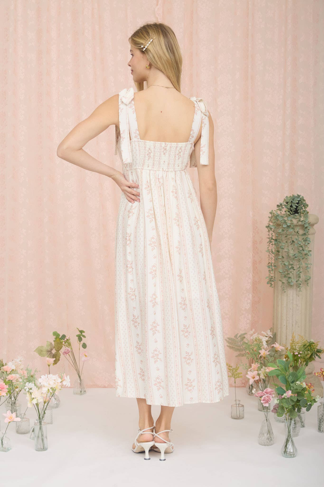 Audrey Striped Floral Midi Taupe & Ivory Dress