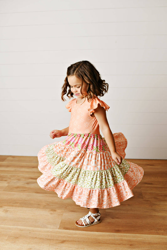Girls Valine Peach Floral Tiered Dress