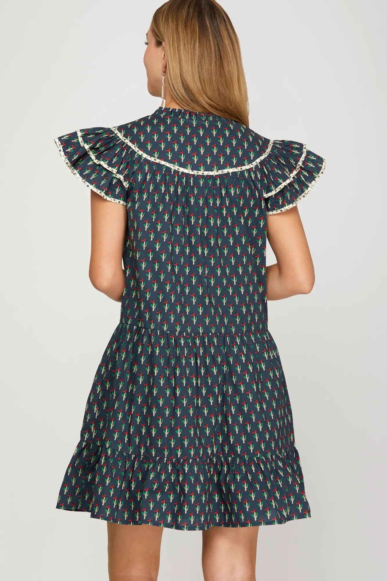 Linnet Printed Flutter Sleeve Navy Dress