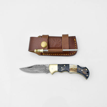 Titan Diamond Wood & Stag Pocket Knife with Leather Sheath