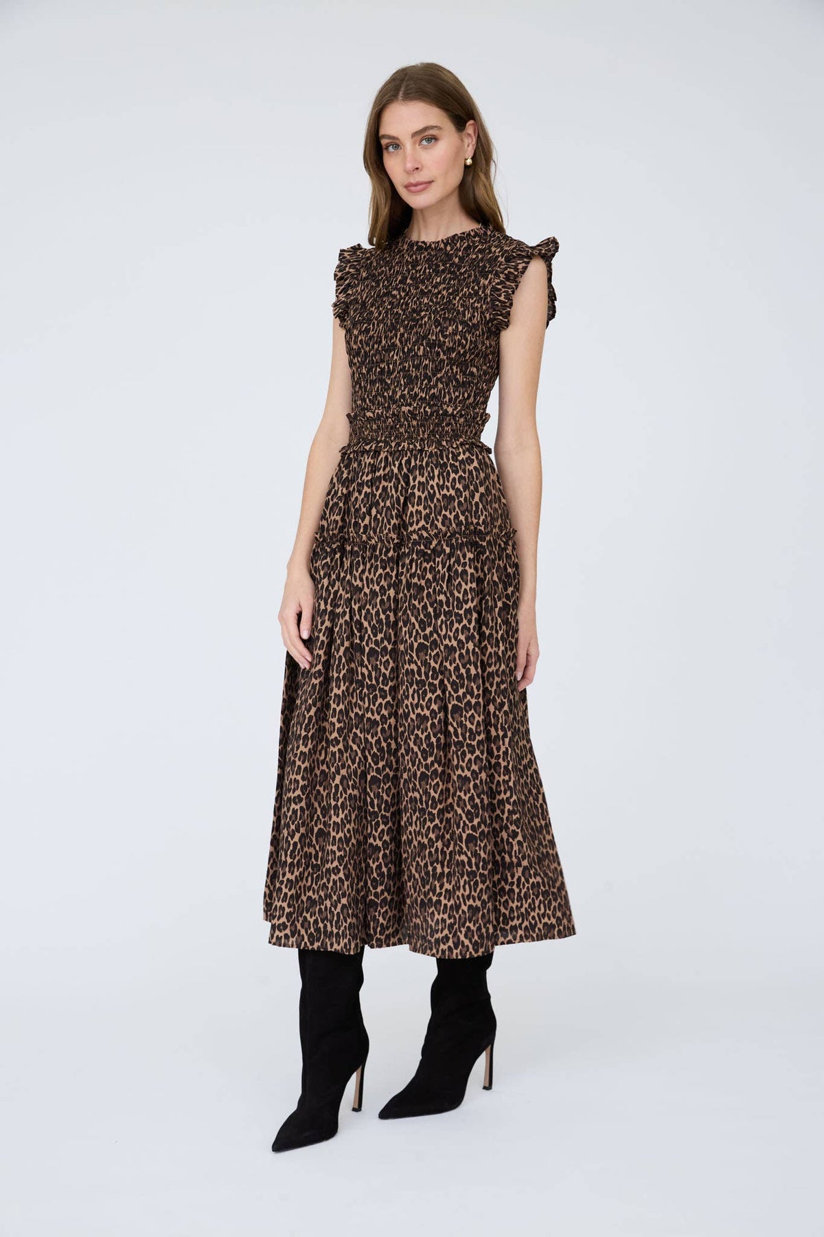 Selah Leopard Smocked Midi Dress