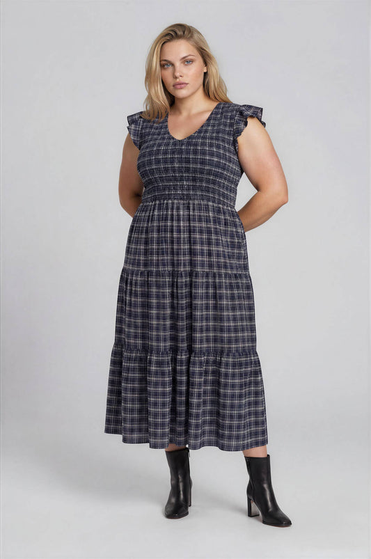 Rita Plaid V-neck Navy Midi Dress (Plus Size Only)