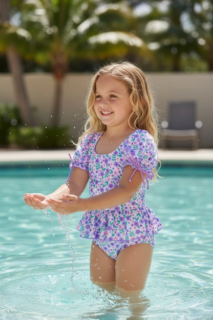 Girls Purple Flower Swimsuit