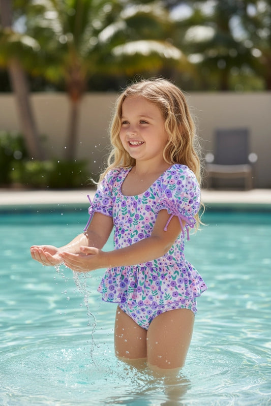 Girls Purple Flower Swimsuit