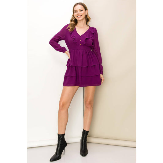 Jane Ruffle V-Neck Purple Dress