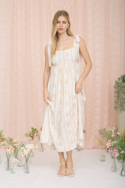 Audrey Striped Floral Midi Taupe & Ivory Dress