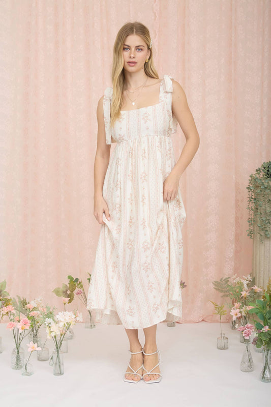 Audrey Striped Floral Midi Taupe & Ivory Dress