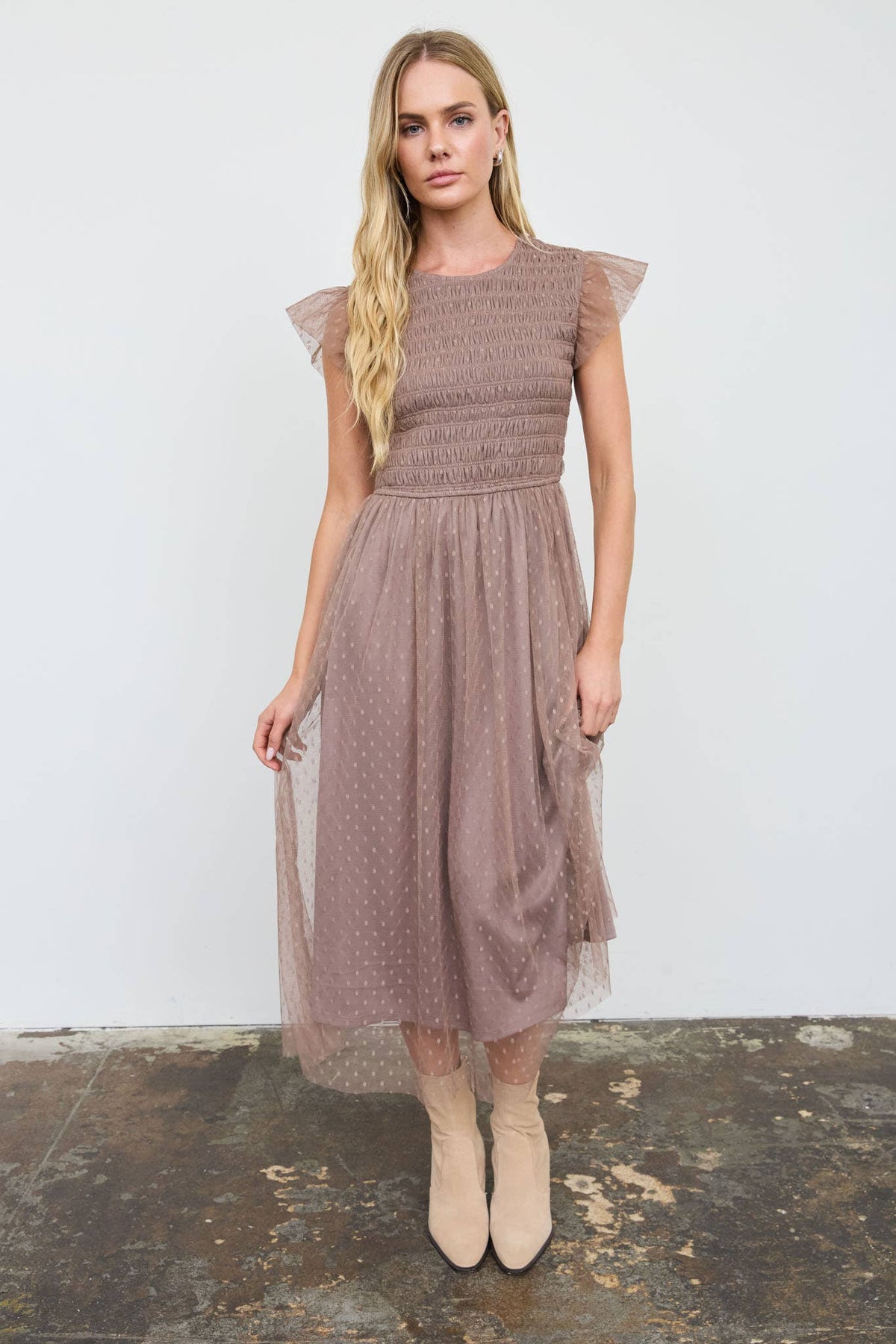 Amarena Swiss Dot Taupe Midi Dress