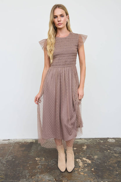 Amarena Swiss Dot Taupe Midi Dress
