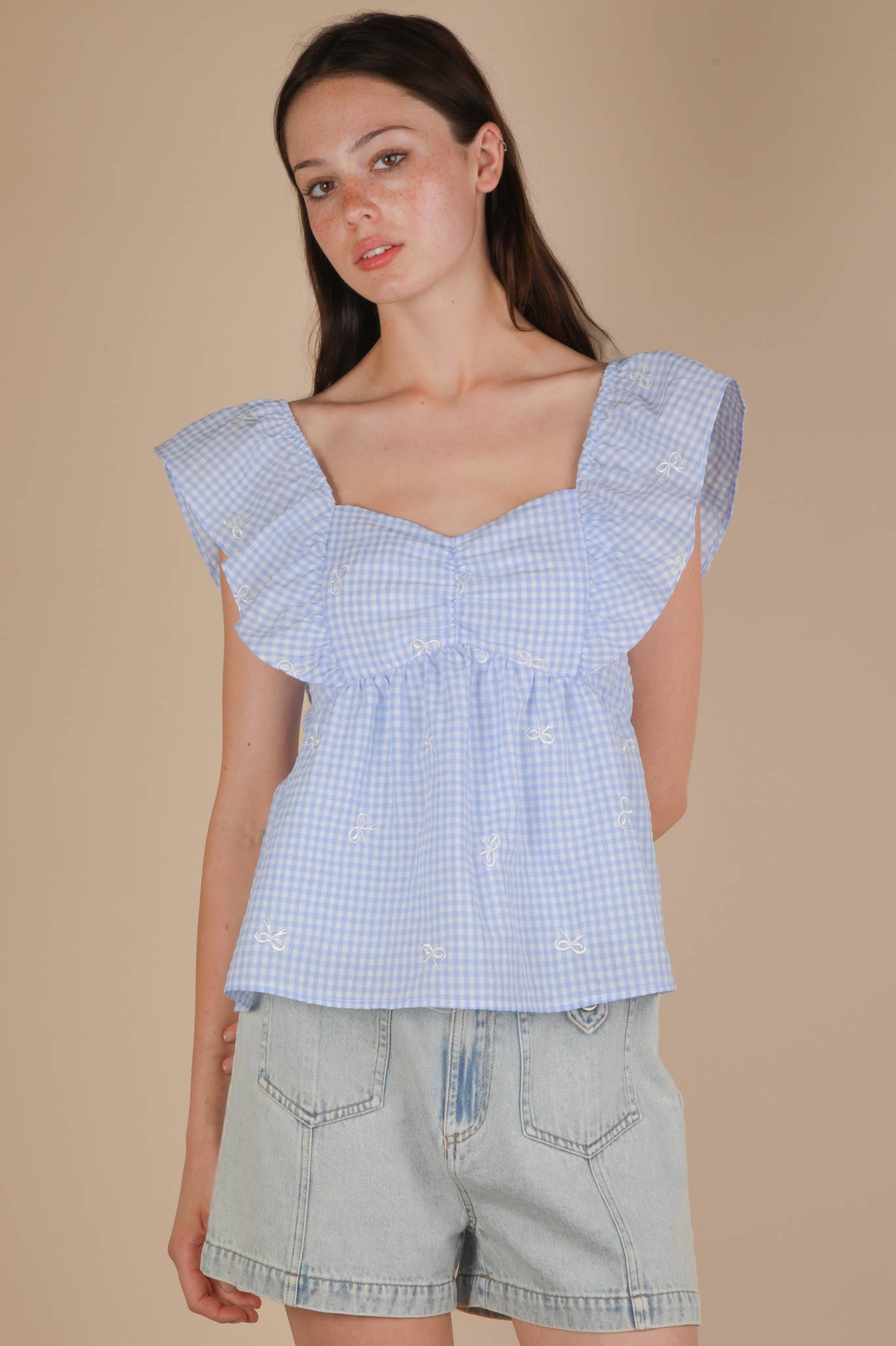 Emmy Gingham Bow Embroidered Blouse
