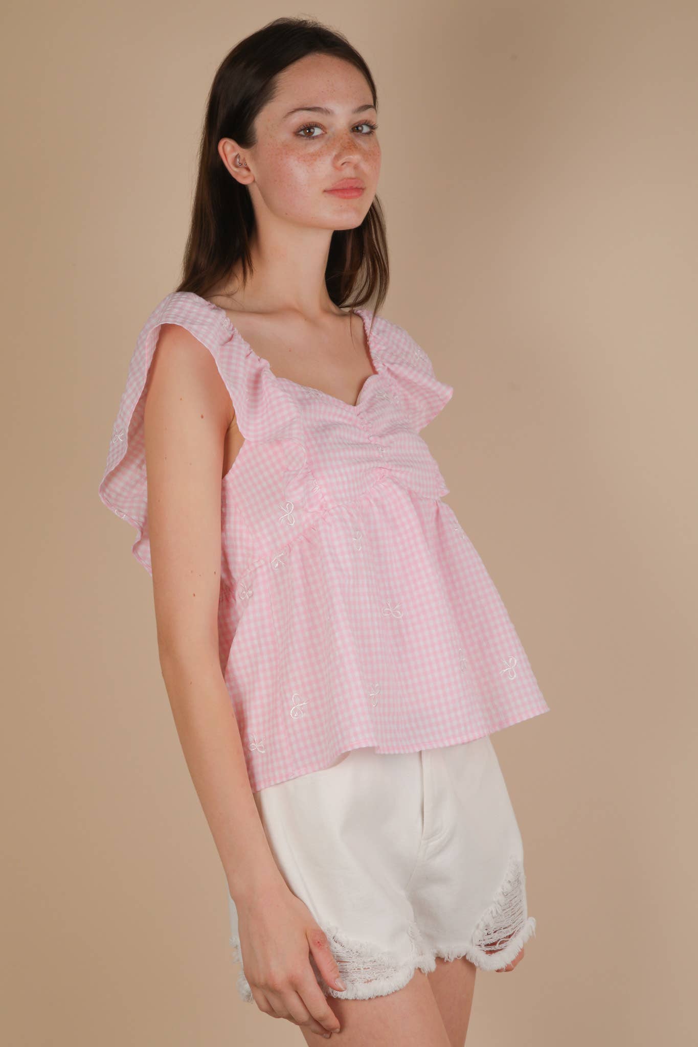 Emmy Gingham Bow Embroidered Blouse