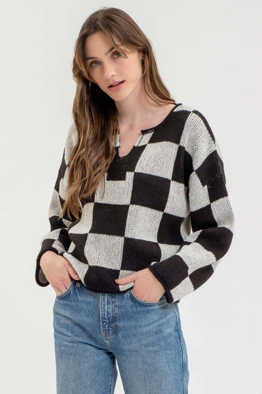 Carlin Checkered Split Neck Sweater