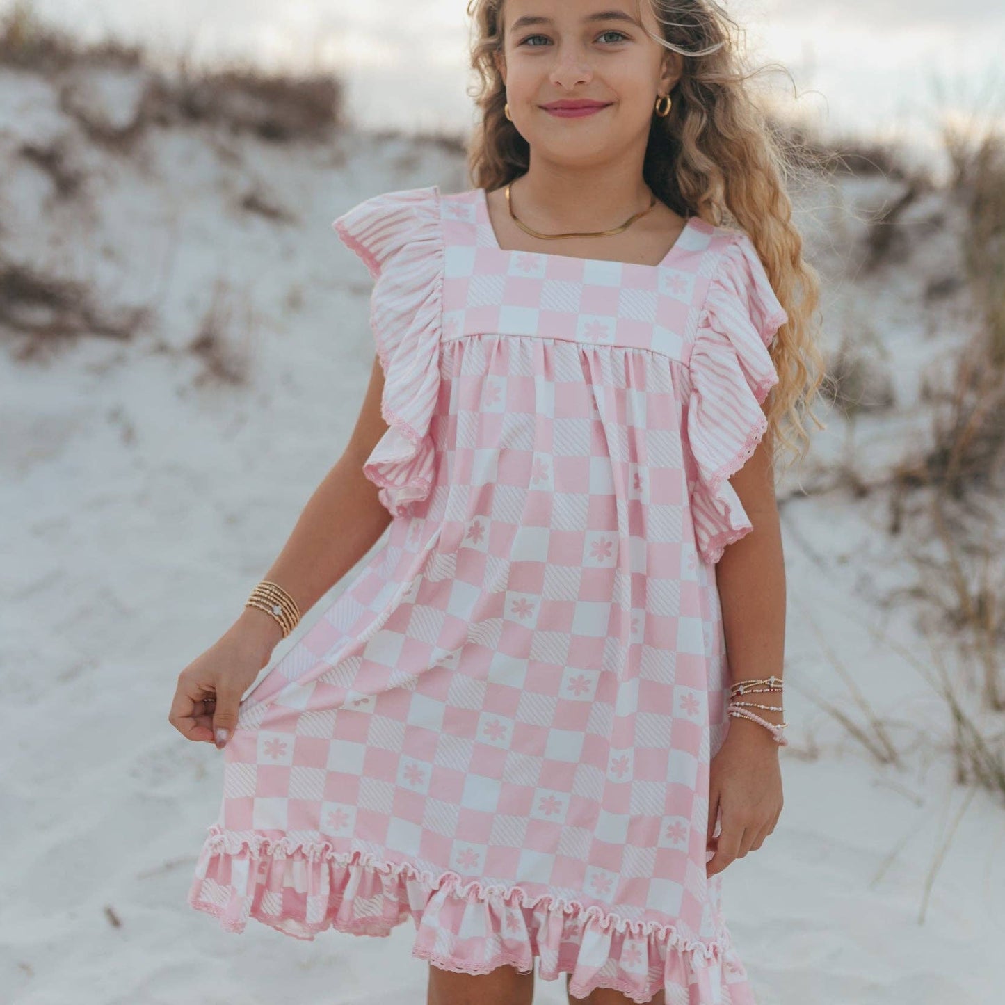 Girls Harlow Pink Checkered Ruffle Dress
