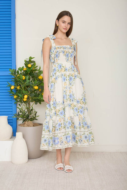 Amelia Smocked Floral Midi Blue Dress
