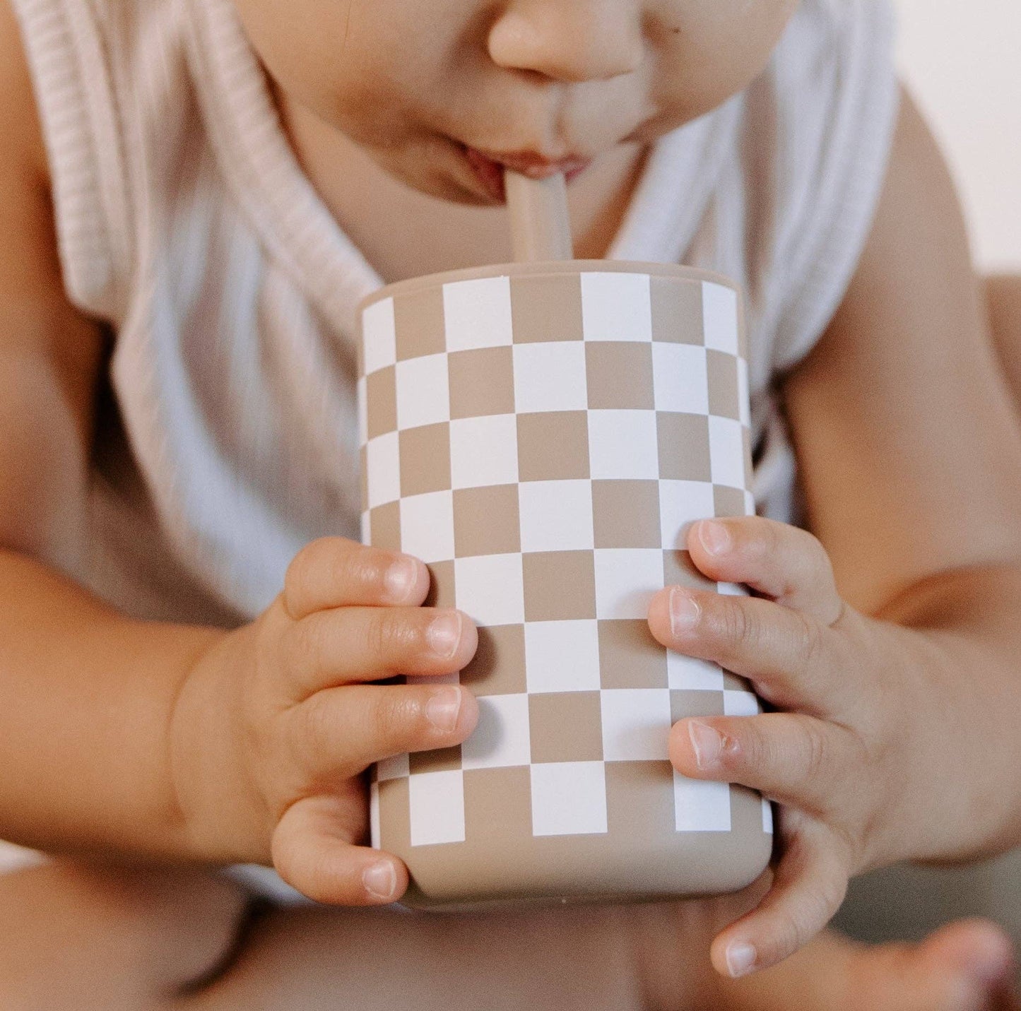 Baby Mauve Checkered Silicone Straw Cup