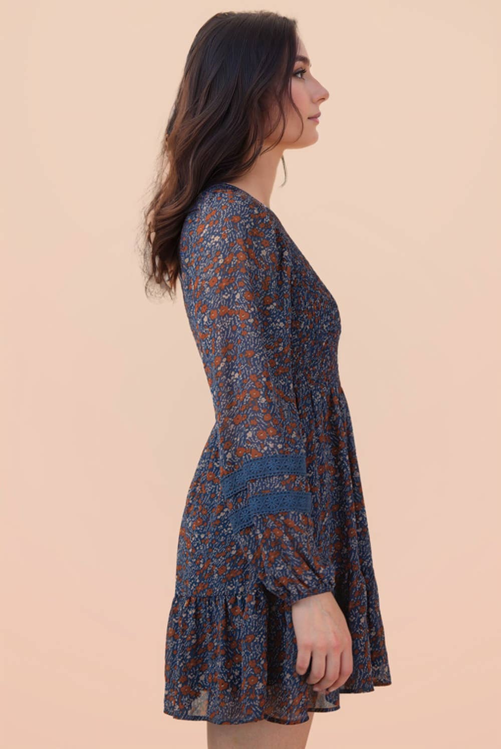 Kitty Floral Smocked Long Sleeve Navy Dress