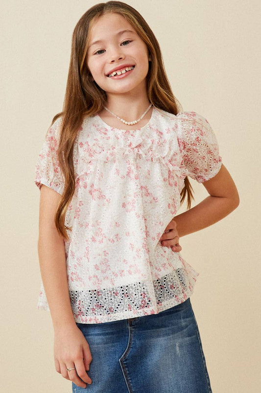 Girls Eyelet Pink Floral Blouse