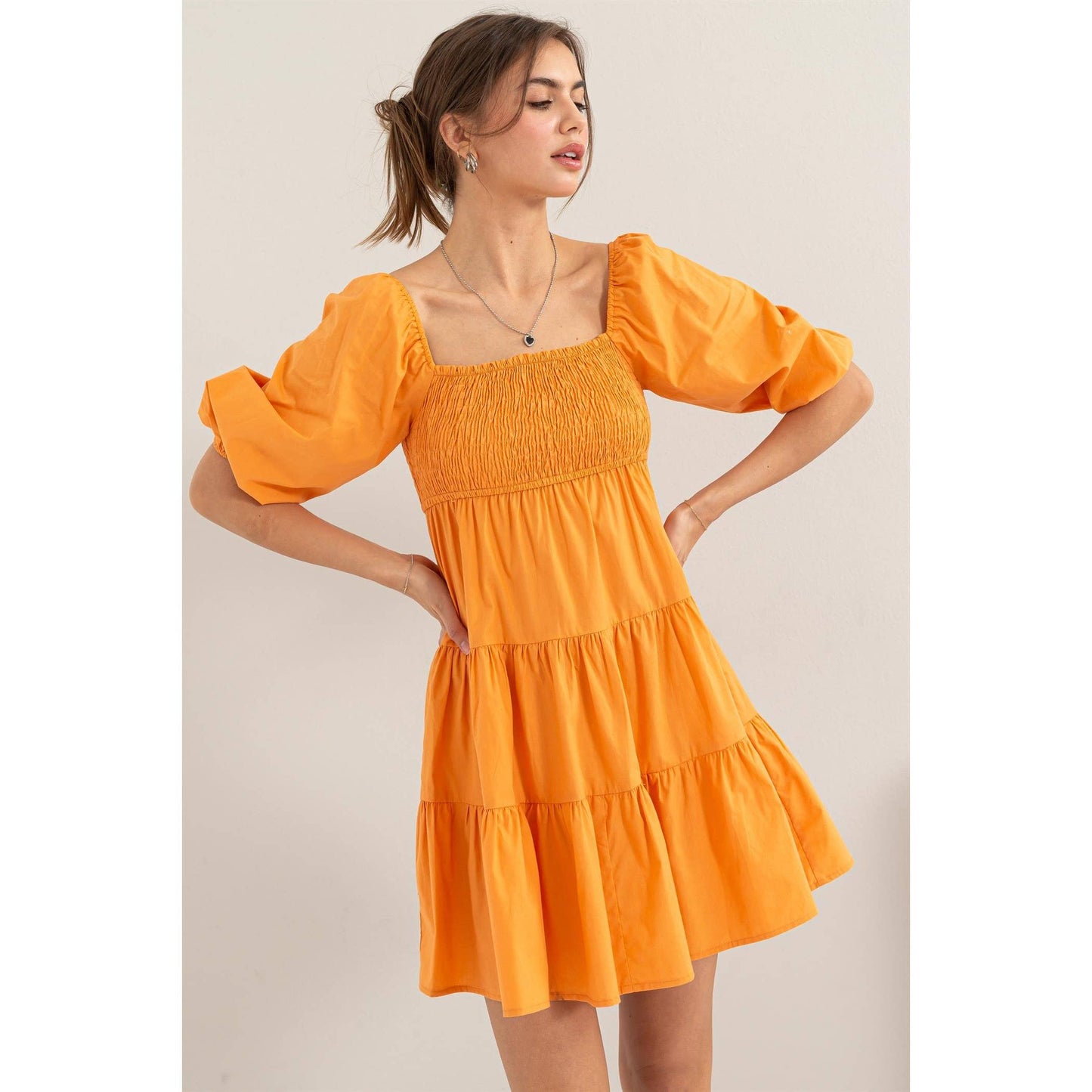 Aristella Smocked Bubble Sleeve Orange Dress