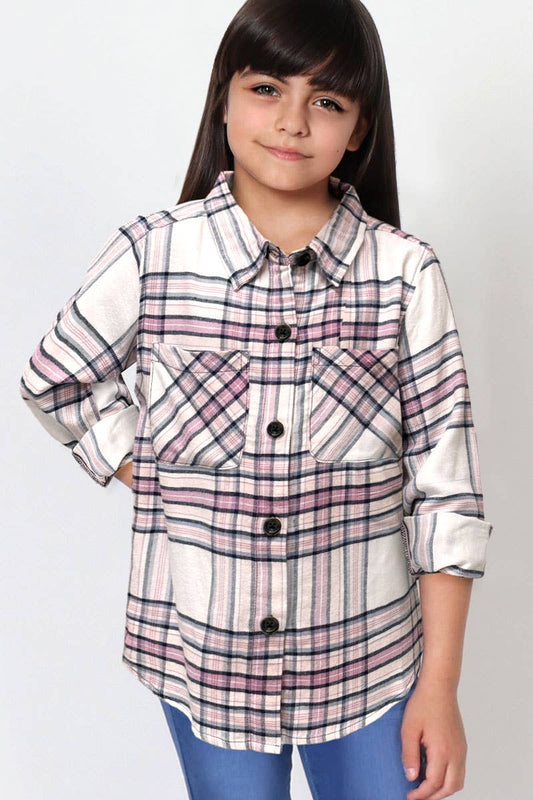 Girls Josey Plaid White & Pink Buttondown