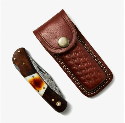 Titan Walnut & Torched Bone Pocket Knife with Leather Sheath