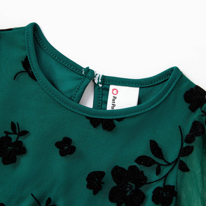 Girls Green & Black Floral Tulle Dress